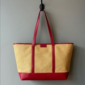 Cole Haan Straw Open Tote with Red Trim